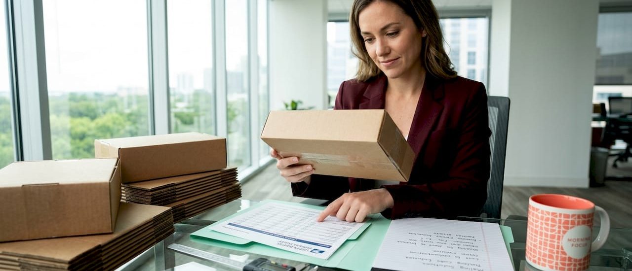 Logistics manager reviewing bulk mail packaging materials