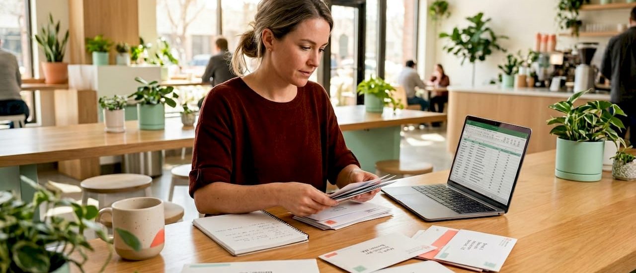Marketer sorting personalized direct mail at desk