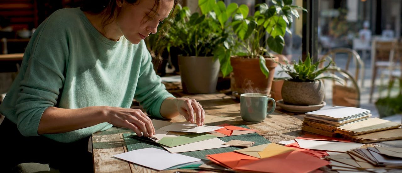 Person assembling a creative mail piece at desk