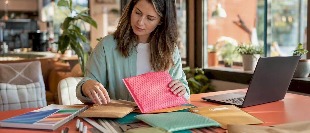 Designer inspecting protective mailers at desk