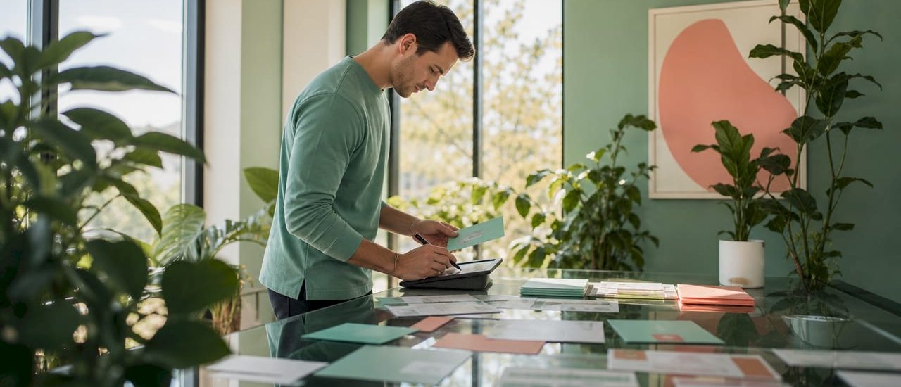 Marketer working on direct mail funnel at desk