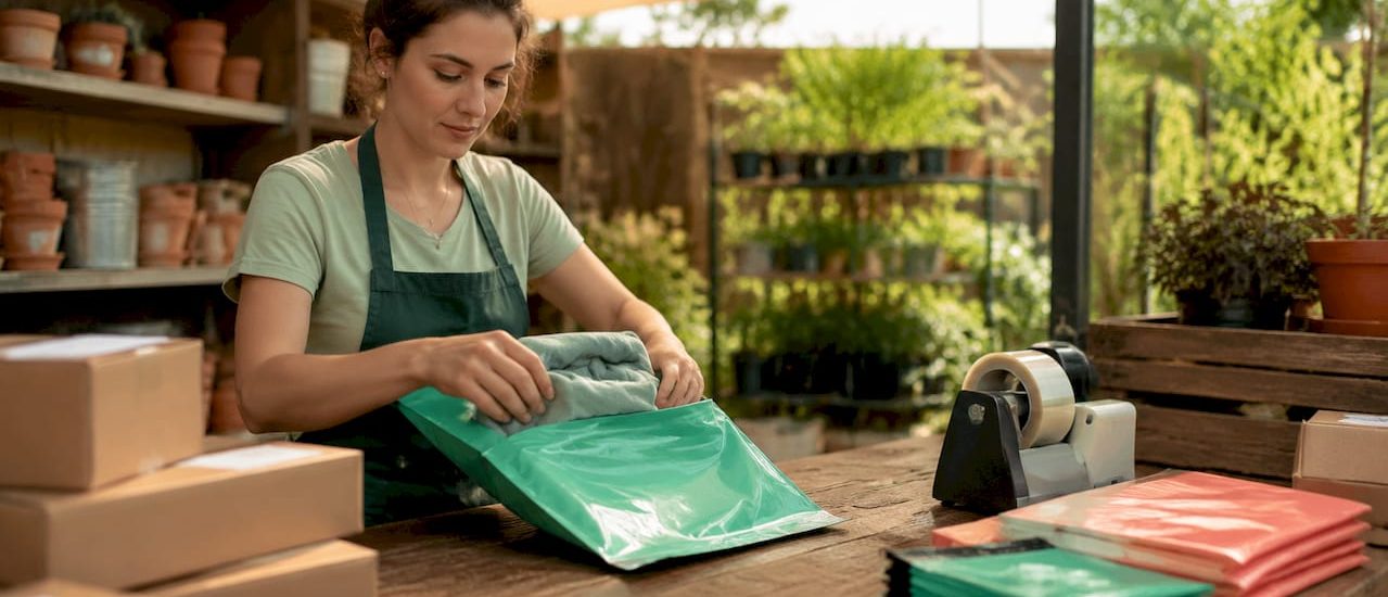 Shipping clerk packing garment into poly mailer envelope