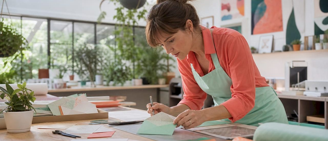 Designer inspecting custom envelope prototype at workspace