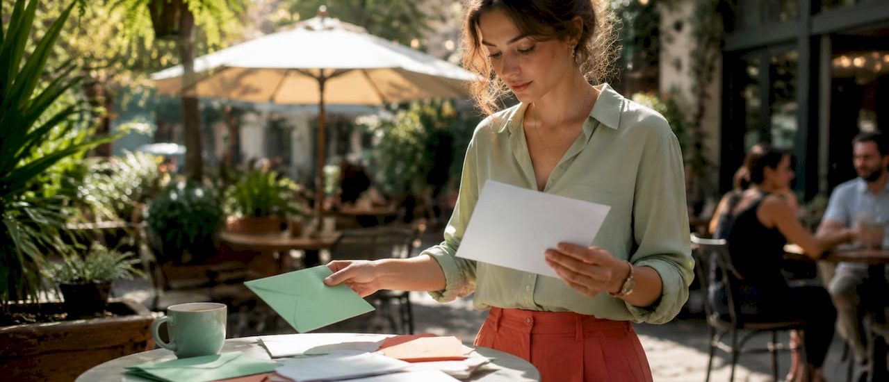 Marketing professional inspecting colorful promotional envelopes