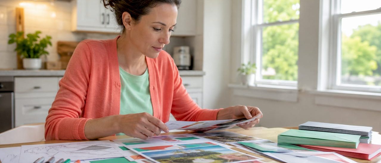 Marketing professional arranging direct mail materials