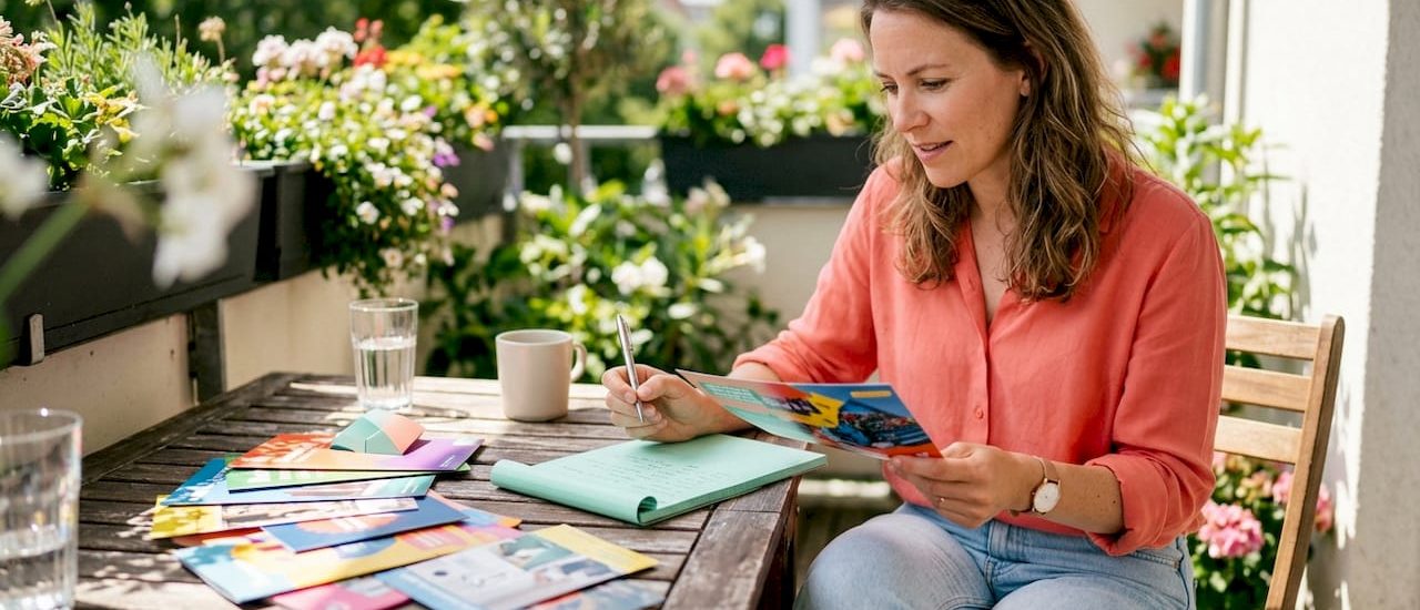 Marketer reviewing printed direct mail designs