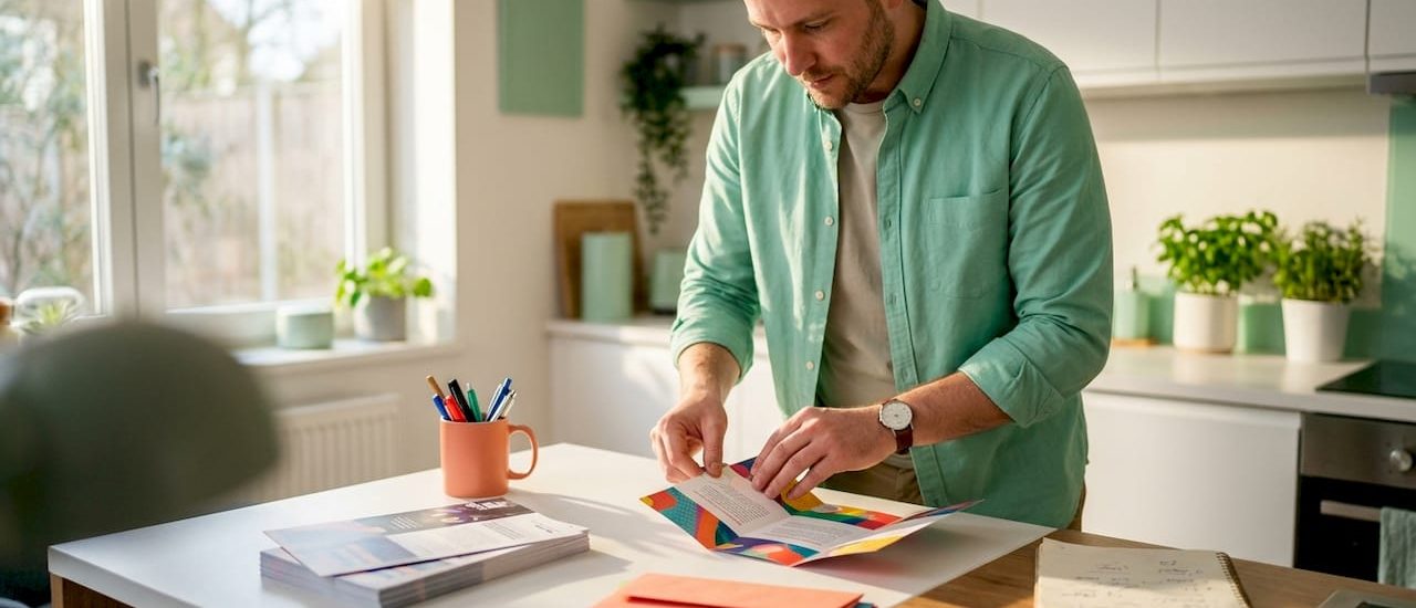 Marketer folding self-mailer mail piece at desk