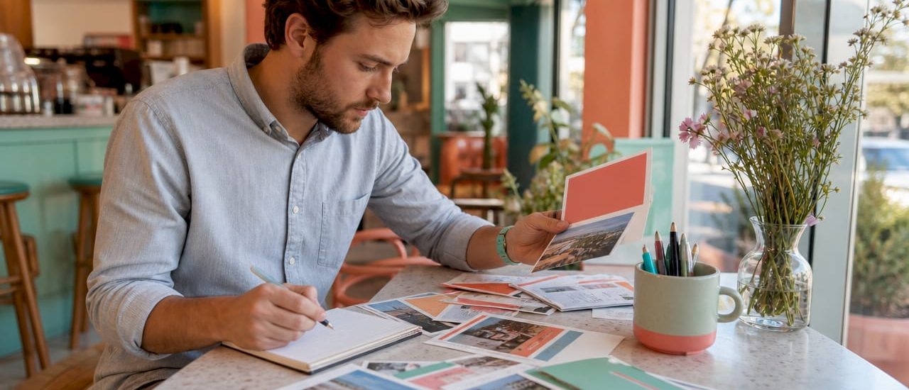 Person reviewing direct mail campaign materials at desk