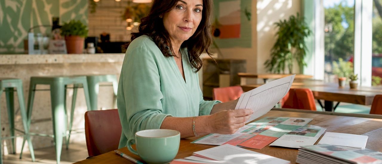 Marketing manager reviewing personalized direct mail printouts