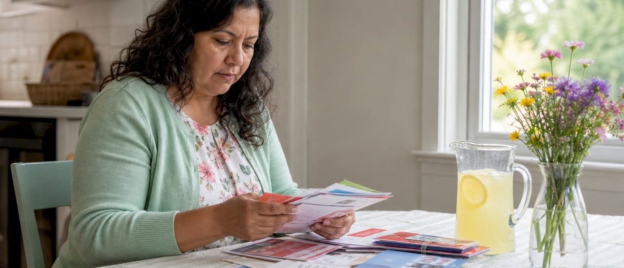 Woman organizing direct mail postcards at desk