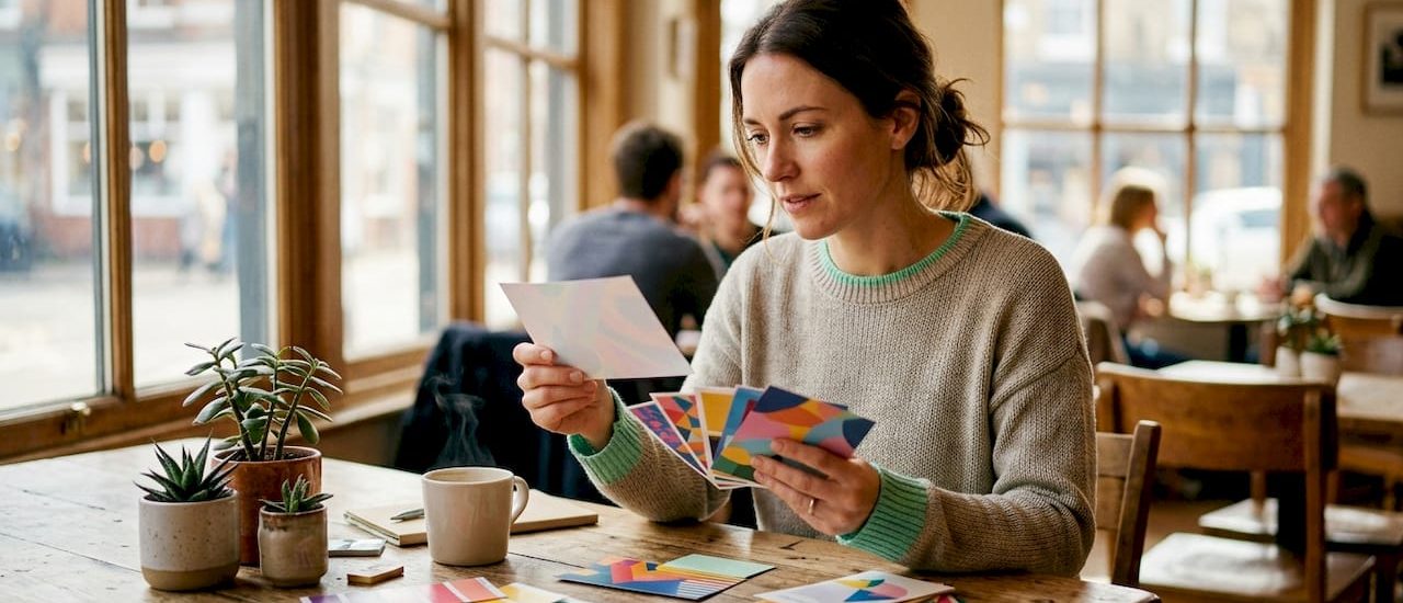 Person sorting direct mail postcards at desk