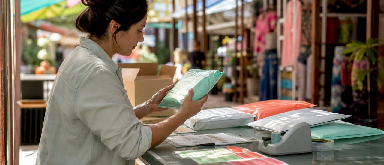 Person preparing ecommerce mailer envelopes for shipping