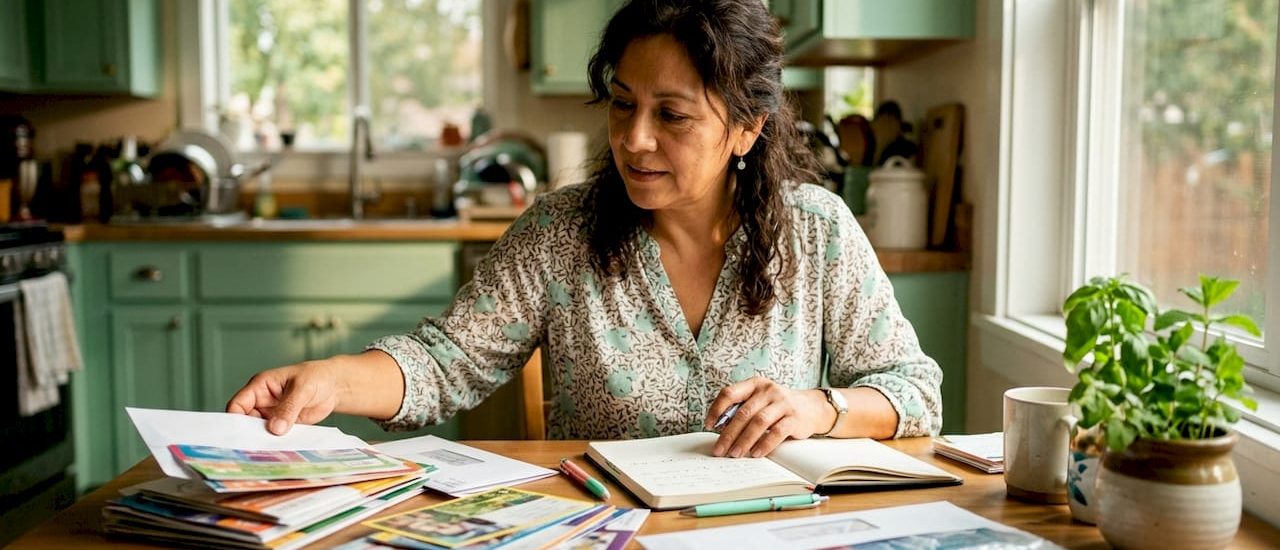 Woman sorting marketing mailers at desk