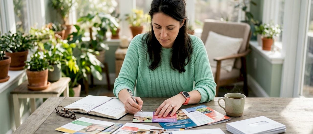 Marketing professional reviewing direct mail formats
