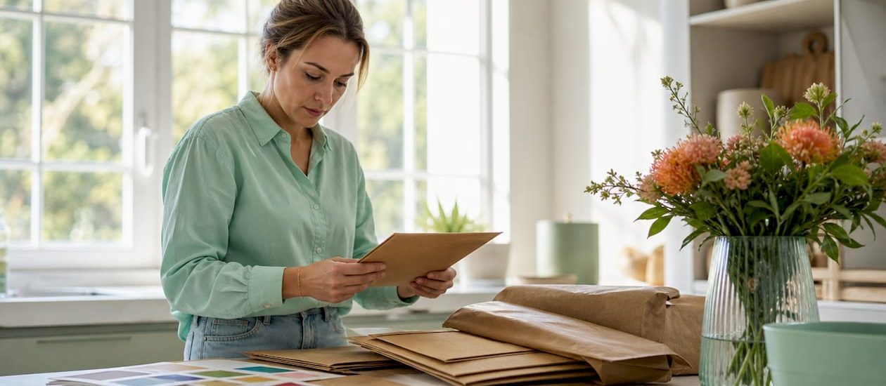 Marketer sorting recyclable mailing mailers at desk
