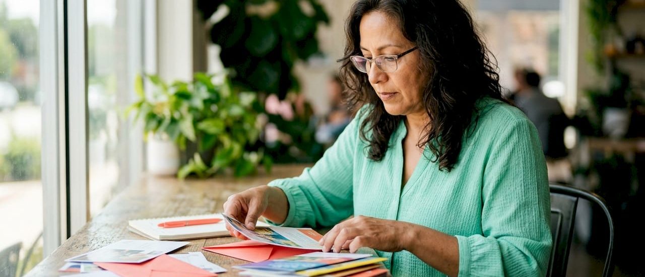 Marketer assembling call to action mailers at home office