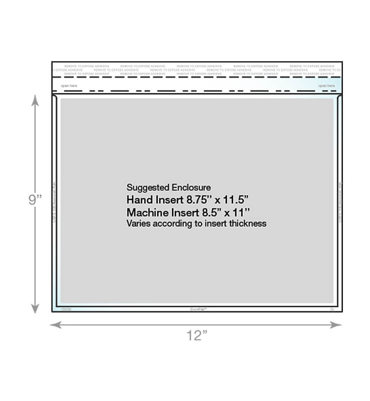 A clear catalog envelope showing dimensions