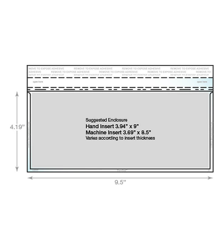 A number 10 business envelope displaying dimensions